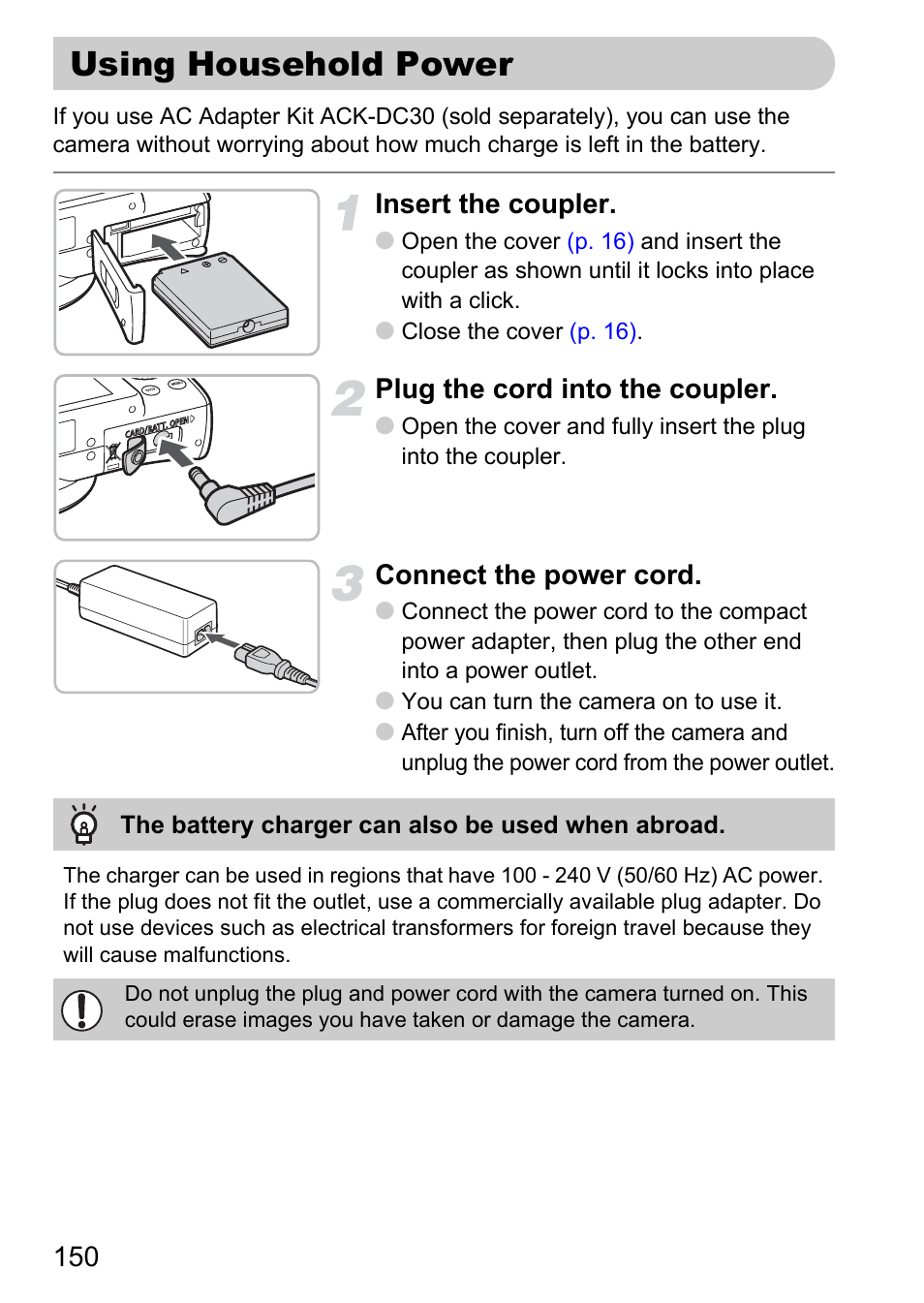 Using household power, Insert the coupler, Plug the cord into the coupler | Connect the power cord | Canon SX200 LS User Manual | Page 150 / 168