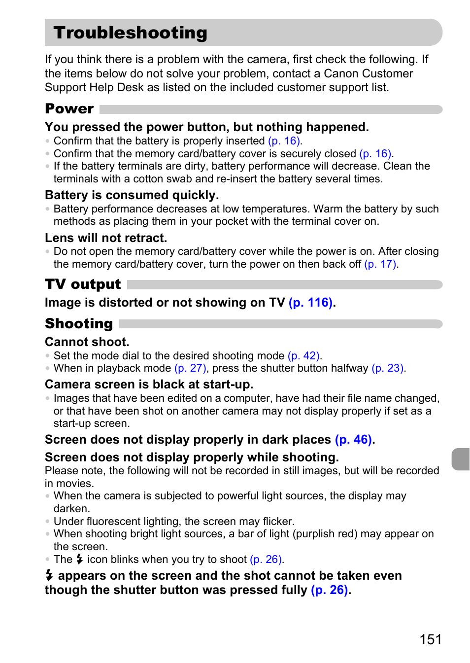 Troubleshooting, Power, Tv output | Shooting | Canon SX200 LS User Manual | Page 151 / 168