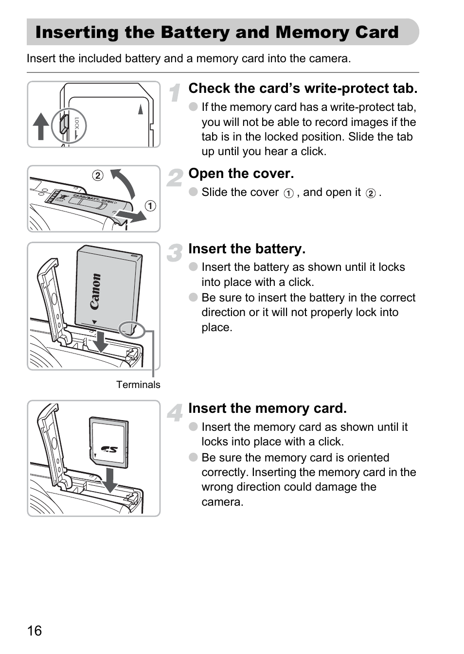 Inserting the battery and memory card, Inserting the battery and, Memory card | Canon SX200 LS User Manual | Page 16 / 168