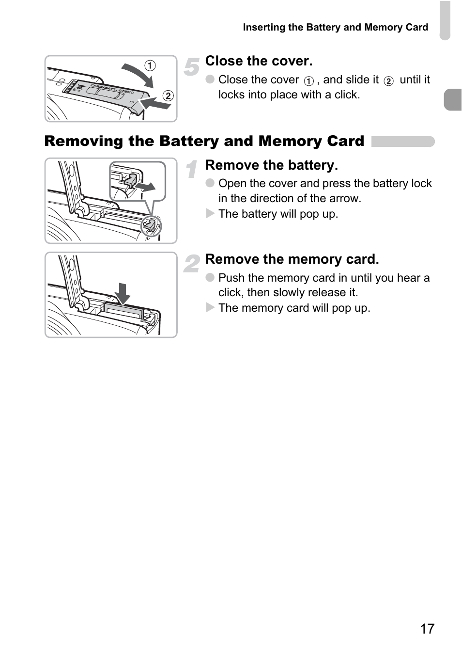 17 close the cover, Remove the battery | Canon SX200 LS User Manual | Page 17 / 168