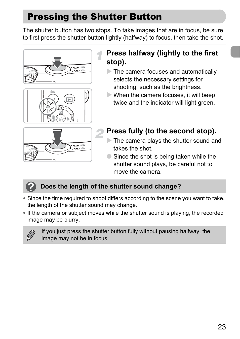 Pressing the shutter button, Press halfway (lightly to the first stop), Press fully (to the second stop) | Canon SX200 LS User Manual | Page 23 / 168