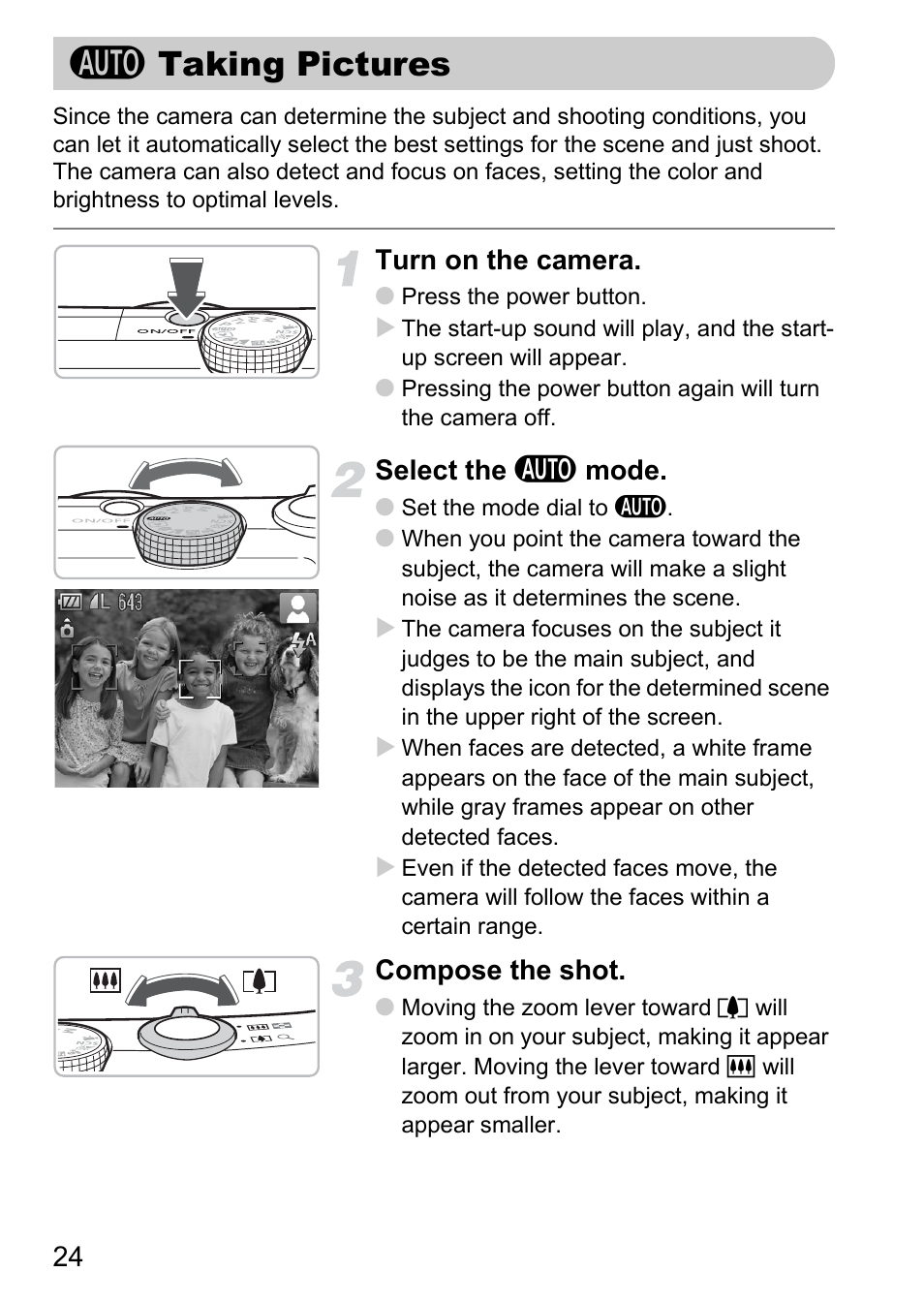 Taking pictures, A taking pictures, Turn on the camera | Select the a mode, Compose the shot | Canon SX200 LS User Manual | Page 24 / 168