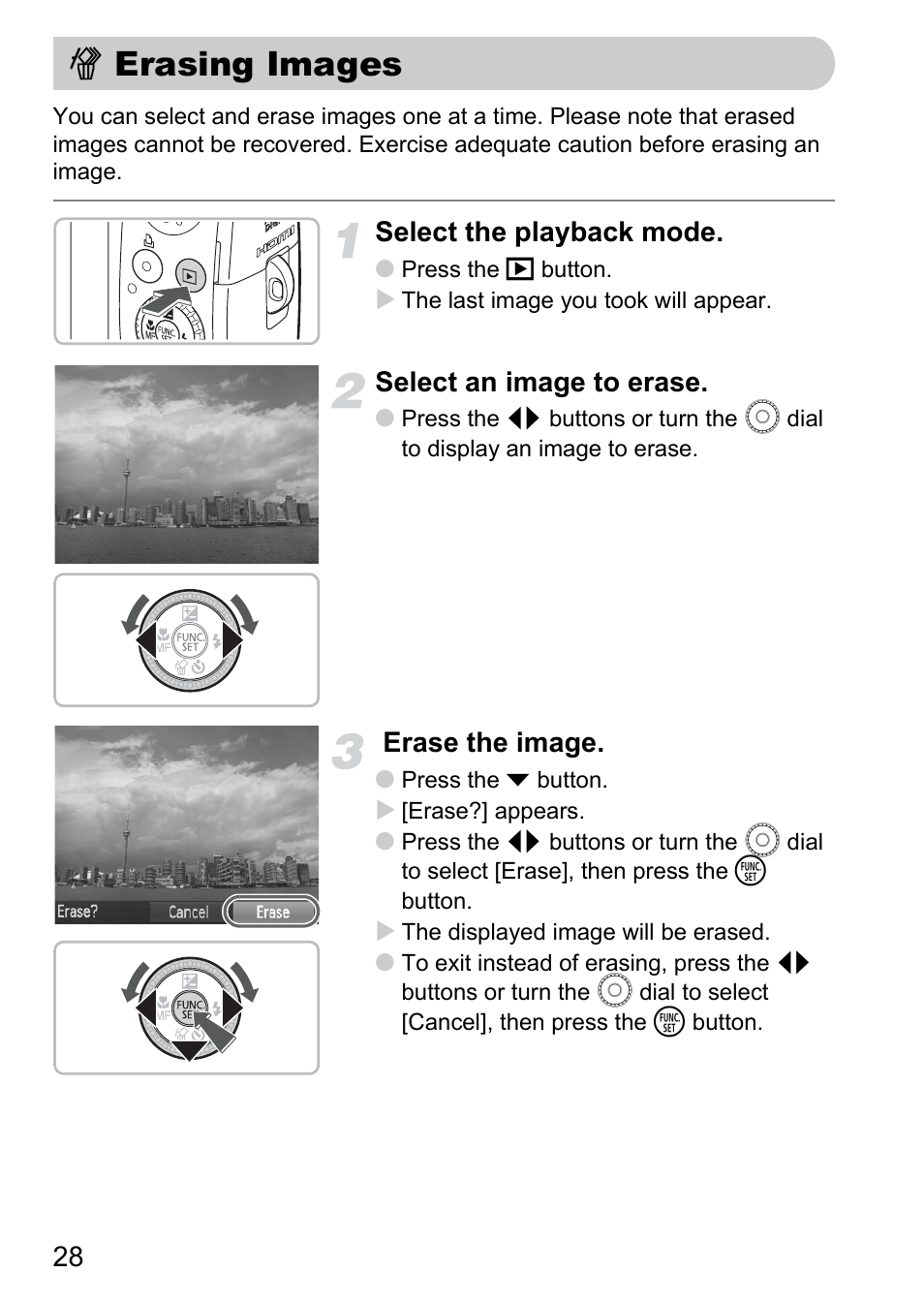 Erasing images, Select the playback mode, Select an image to erase | Erase the image | Canon SX200 LS User Manual | Page 28 / 168