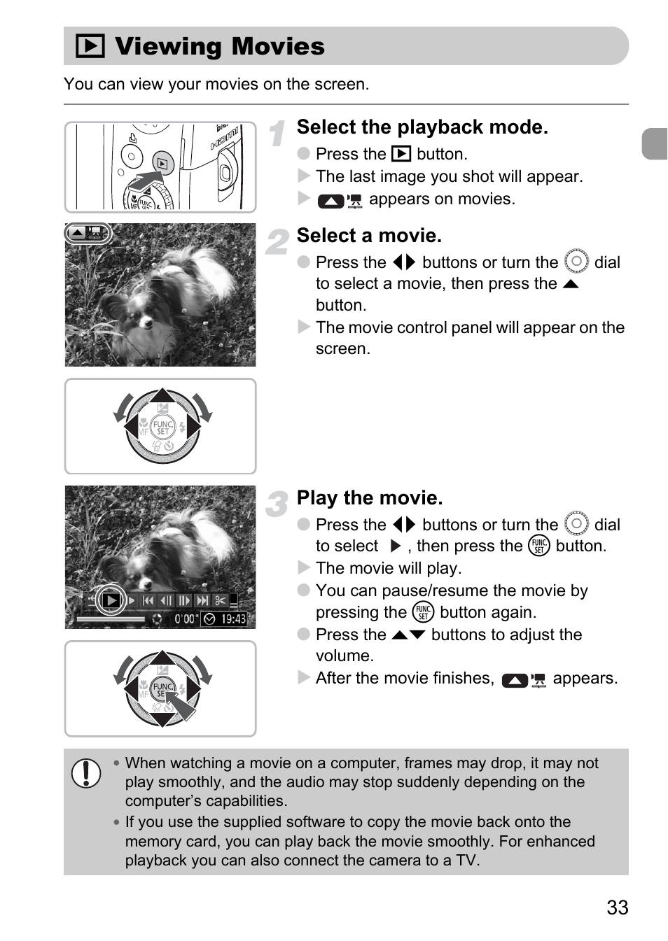 Viewing movies, 1 viewing movies, Select the playback mode | Select a movie, Play the movie | Canon SX200 LS User Manual | Page 33 / 168