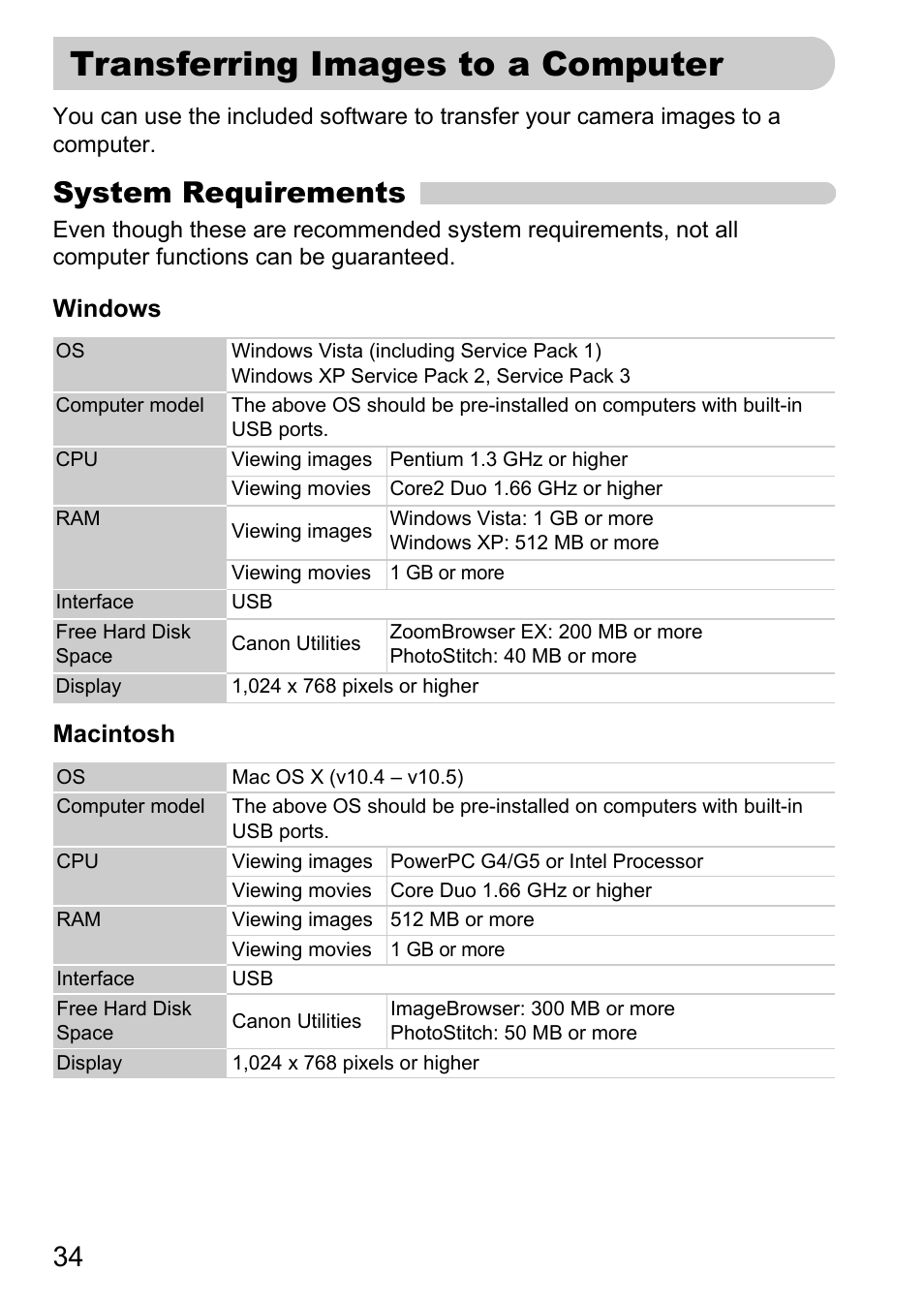 Transferring images to a computer, Transferring images to a, Computer | System requirements | Canon SX200 LS User Manual | Page 34 / 168