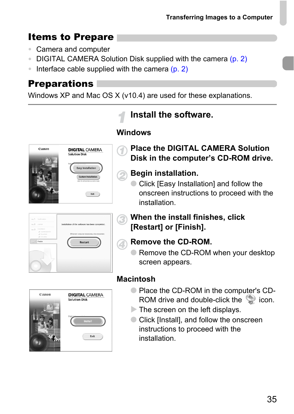 Items to prepare, Preparations, Install the software | Canon SX200 LS User Manual | Page 35 / 168