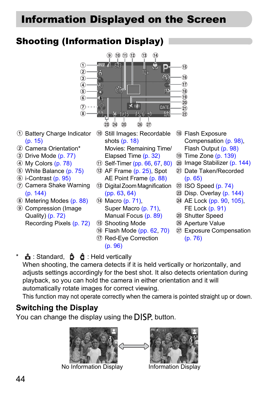 Information displayed on the screen, Information displayed on the, Screen | P. 44), Pp. 44, Shooting (information display), Switching the display | Canon SX200 LS User Manual | Page 44 / 168