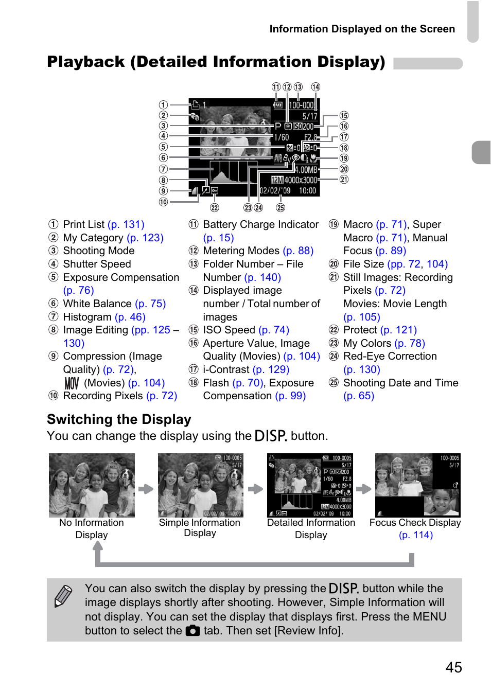 Playback (detailed information display), Switching the display | Canon SX200 LS User Manual | Page 45 / 168