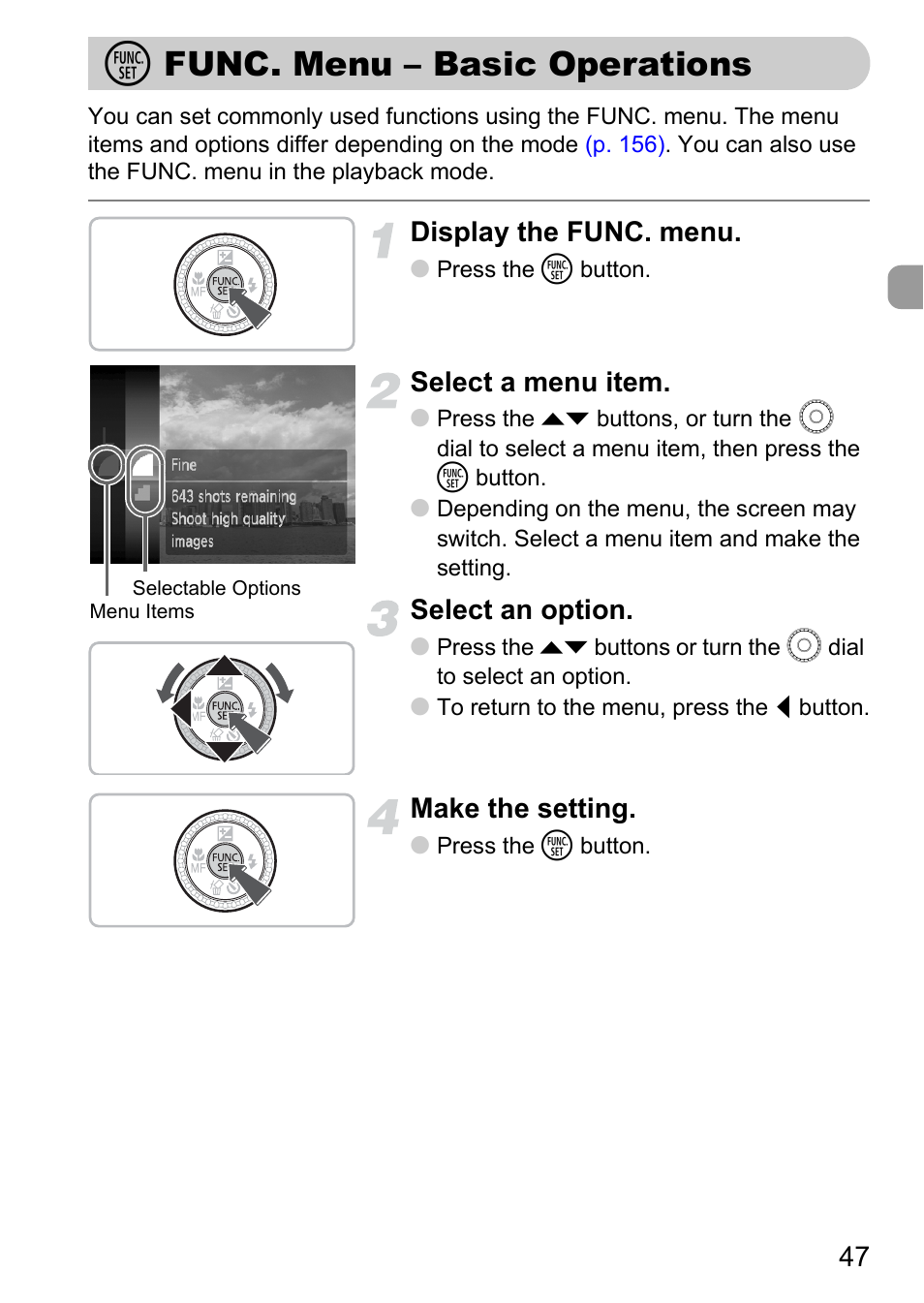 Func. menu - basic operations, M func. menu – basic, Operations | P. 47), M func. menu – basic operations, Display the func. menu, Select a menu item, Select an option, Make the setting | Canon SX200 LS User Manual | Page 47 / 168