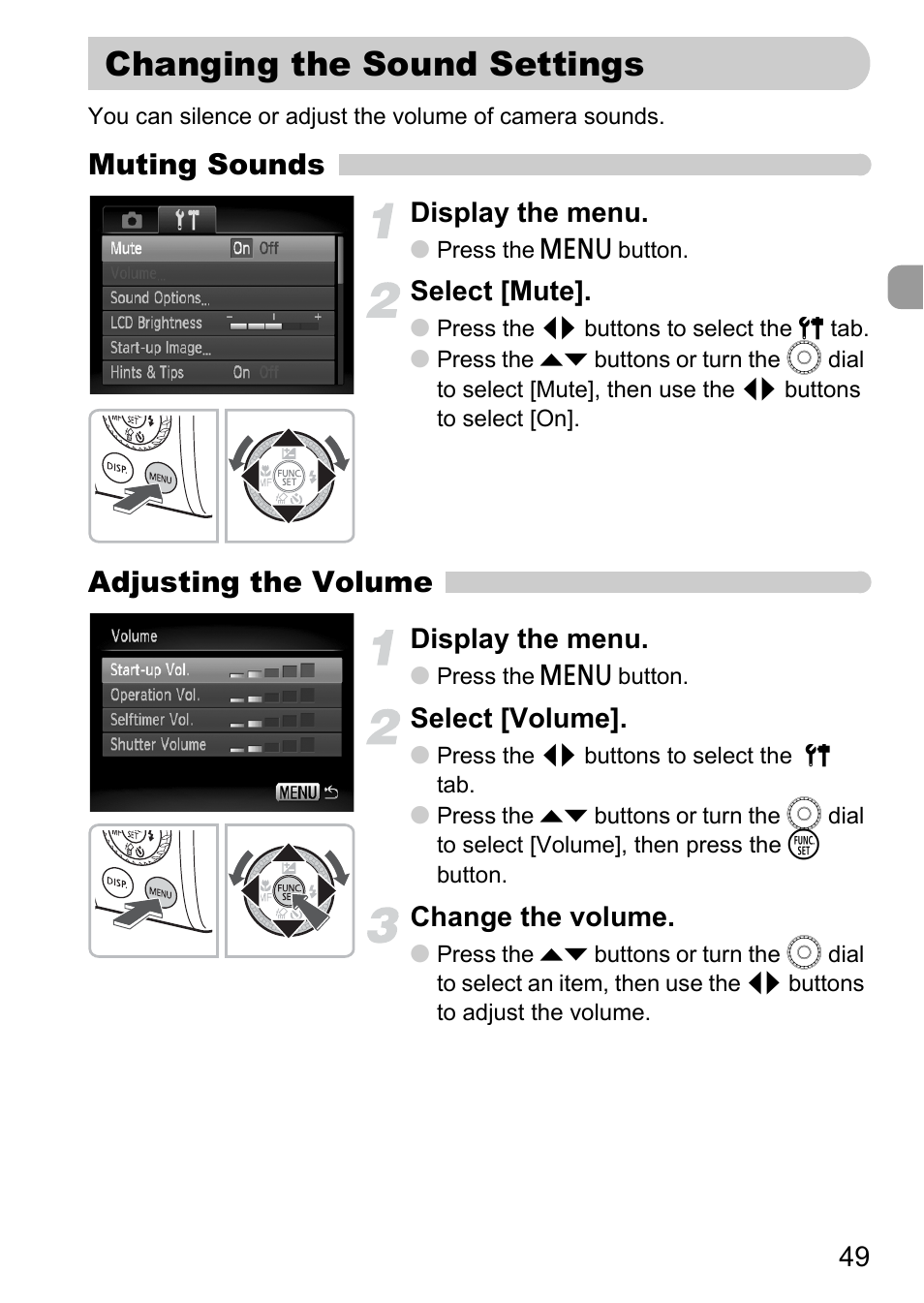 Changing the sound settings, Muting sounds, Adjusting the volume | Display the menu, Select [mute, Select [volume, Change the volume | Canon SX200 LS User Manual | Page 49 / 168