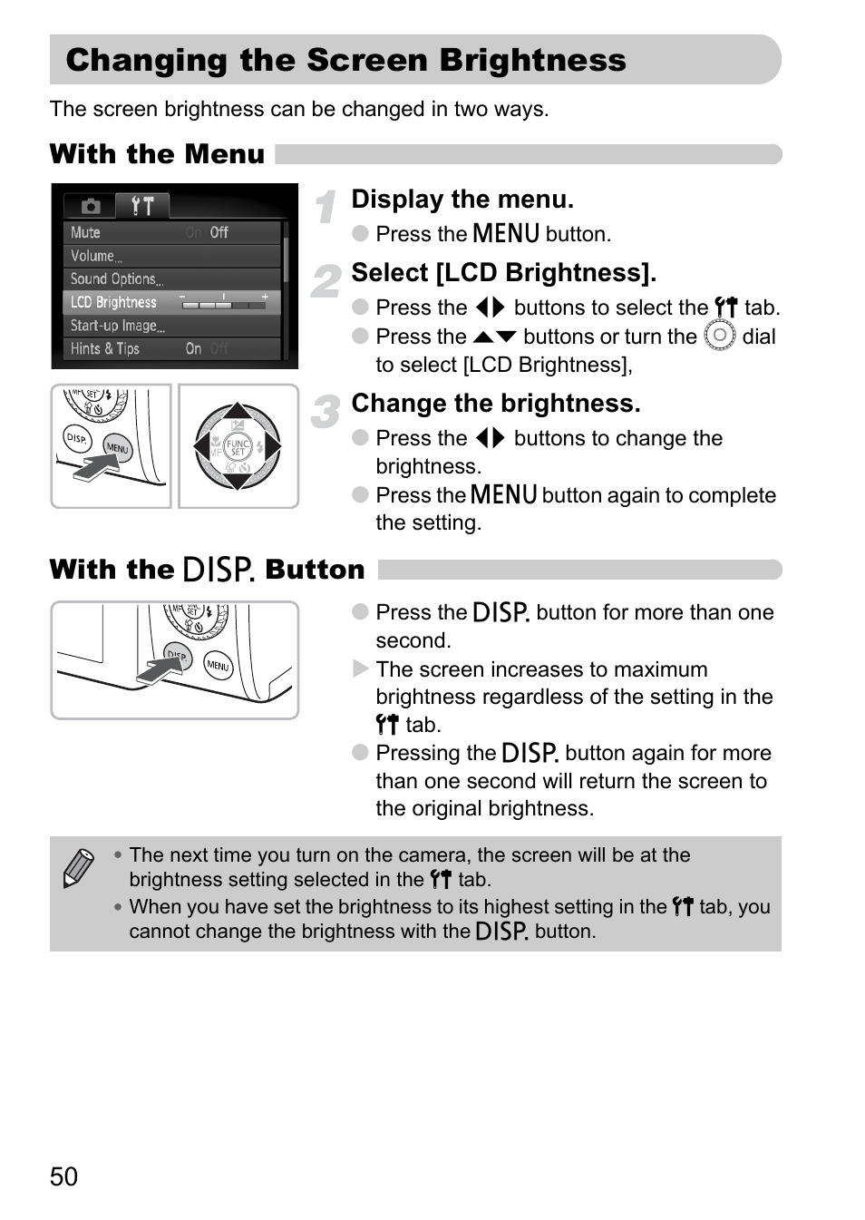 Changing the screen brightness, With the menu, With the l button | Display the menu, Select [lcd brightness, Change the brightness | Canon SX200 LS User Manual | Page 50 / 168