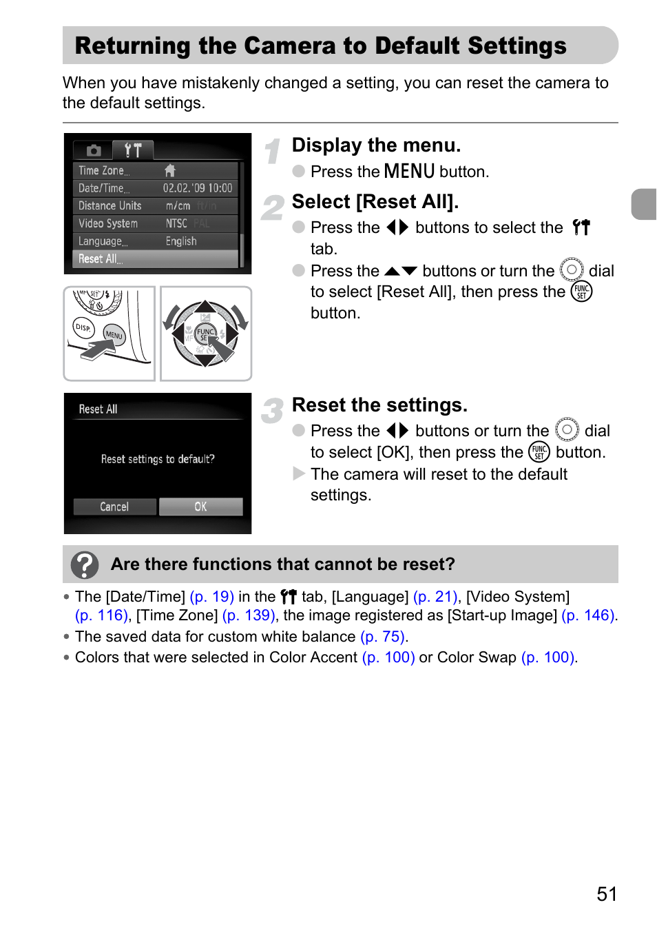 Returning the camera to default settings, Returning the camera to default, Settings | Display the menu, Select [reset all, Reset the settings | Canon SX200 LS User Manual | Page 51 / 168