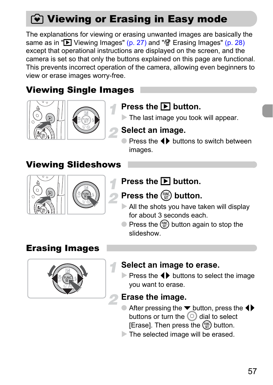 Viewing or erasing in easy mode, 9 viewing or erasing, In easy mode | 9 viewing or erasing in easy mode, Viewing single images, Viewing slideshows, Erasing images | Canon SX200 LS User Manual | Page 57 / 168