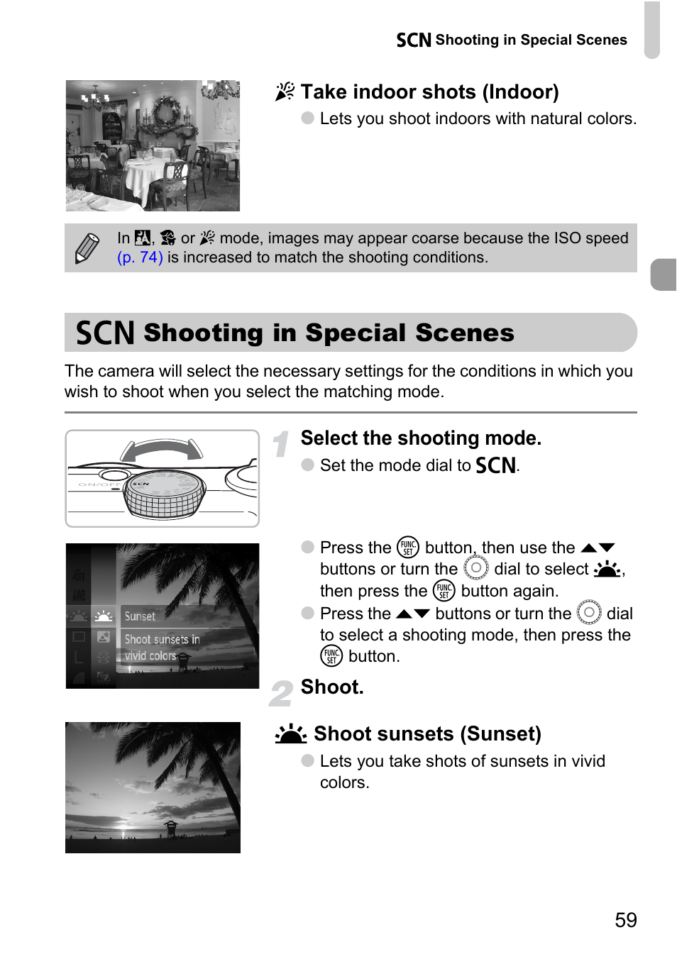 Shooting in special scenes, P. 59), K shooting in special scenes | 59 h take indoor shots (indoor), Select the shooting mode, Shoot. u shoot sunsets (sunset) | Canon SX200 LS User Manual | Page 59 / 168