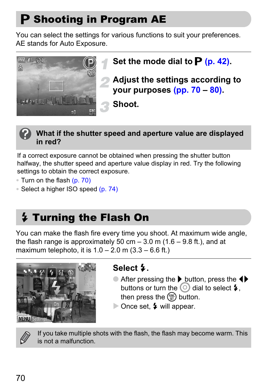 Shooting in program ae, Turning the flash on, G shooting in program ae h turning the flash on | Pp. 70, P. 70), Exposure, G shooting in program ae, H turning the flash on | Canon SX200 LS User Manual | Page 70 / 168