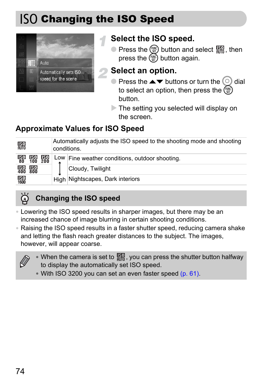 Changing the iso speed, P. 74), 74 select the iso speed | Select an option, Approximate values for iso speed | Canon SX200 LS User Manual | Page 74 / 168