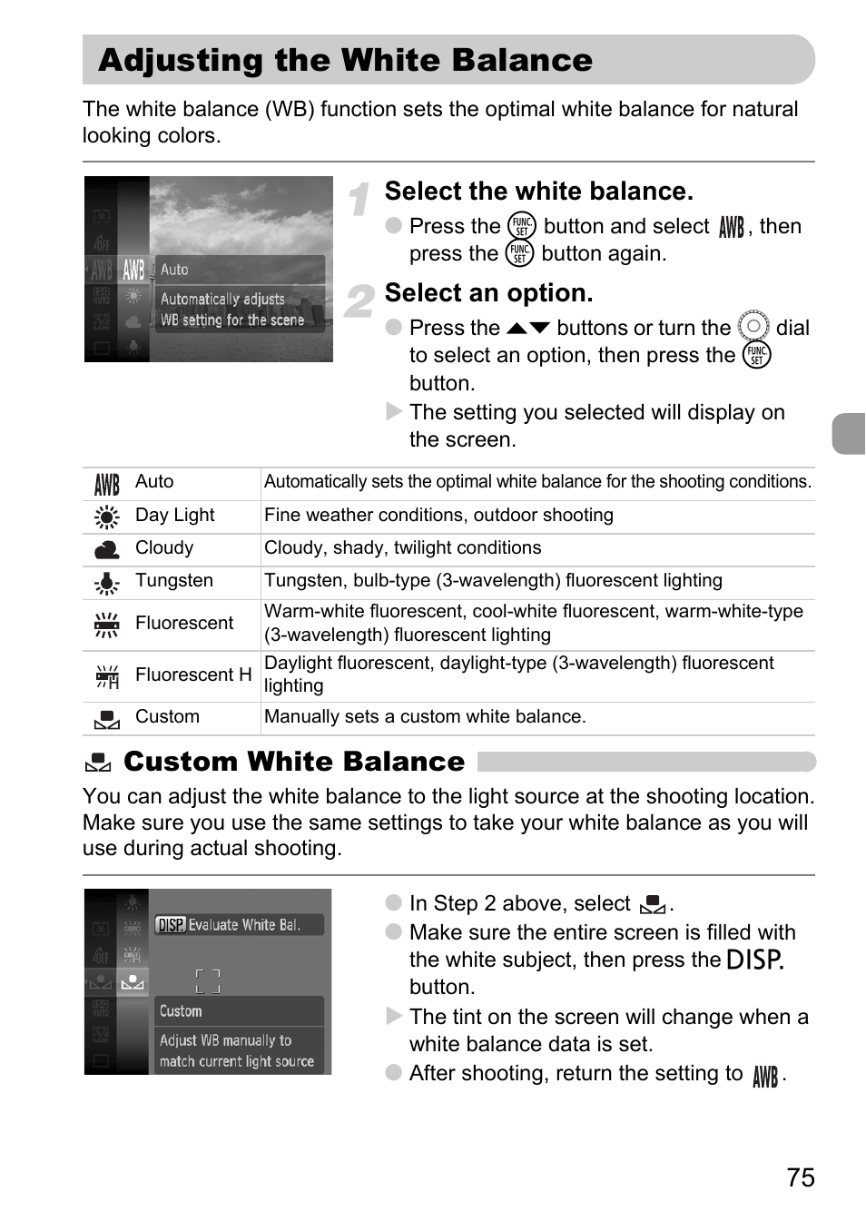 Adjusting the white balance, P. 75), Custom white balance | Select the white balance, Select an option | Canon SX200 LS User Manual | Page 75 / 168