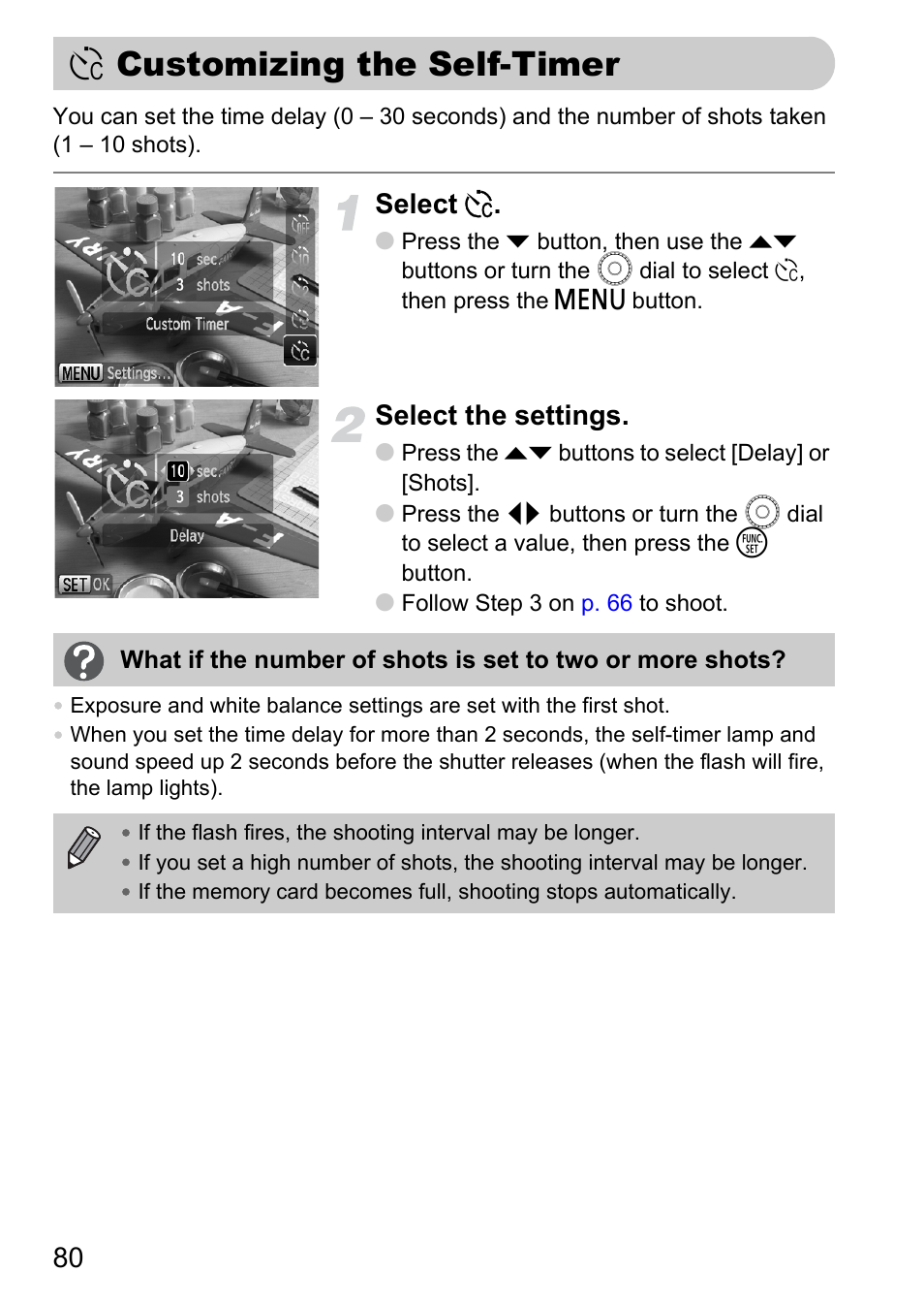 Customizing the self-timer, Select, Select the settings | Canon SX200 LS User Manual | Page 80 / 168