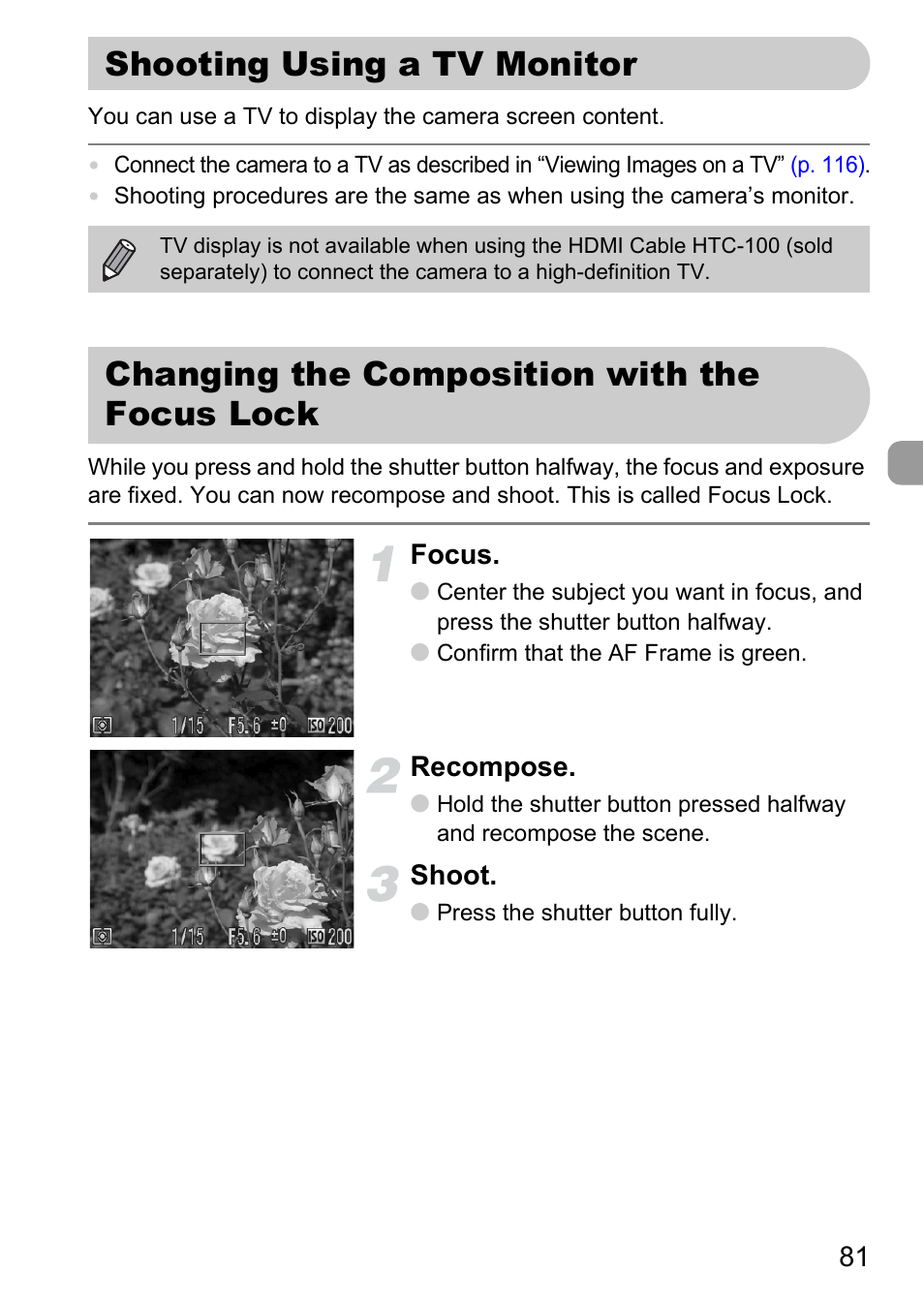 Shooting using a tv monitor, Changing the composition with the focus lock, Focus lock | Canon SX200 LS User Manual | Page 81 / 168