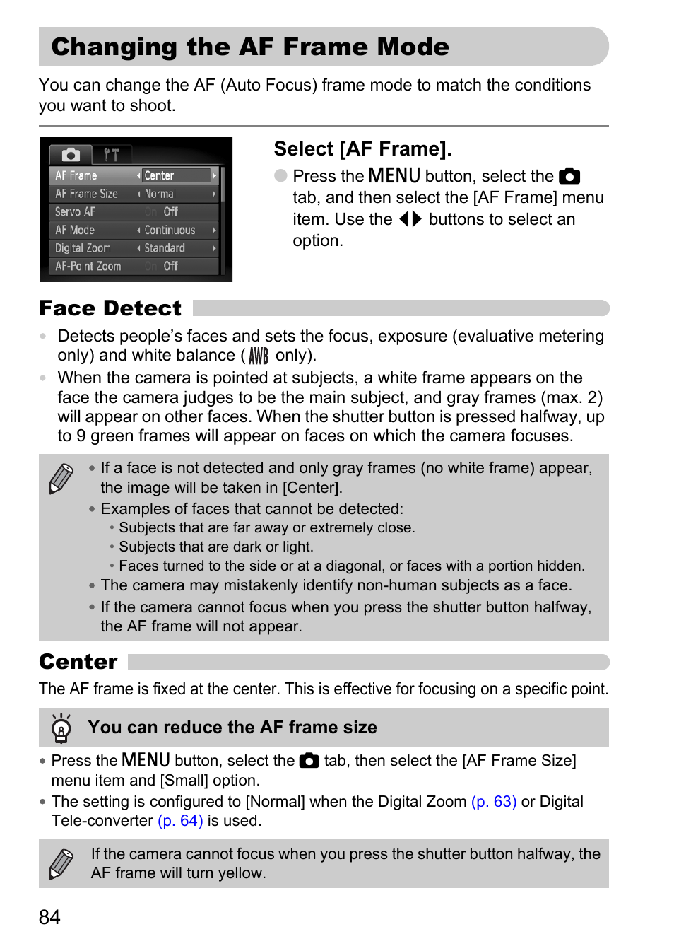 Changing the af frame mode, P. 84), Face detect | Center, Select [af frame | Canon SX200 LS User Manual | Page 84 / 168