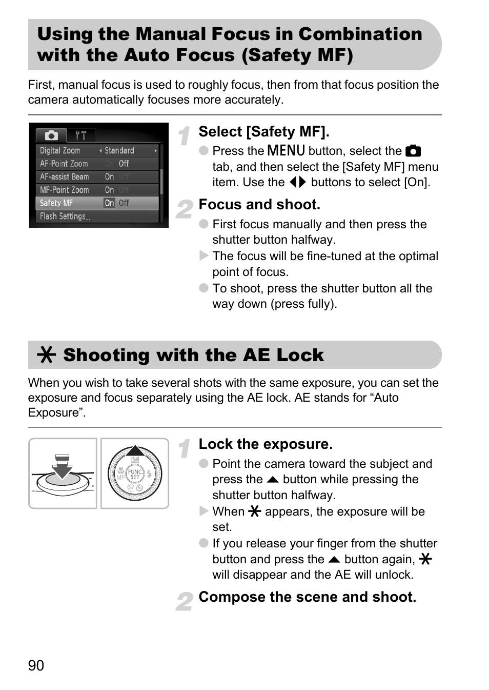 Shooting with the ae lock, Using the manual focus in, Combination with the auto focus (safety mf) | Pp. 90 | Canon SX200 LS User Manual | Page 90 / 168