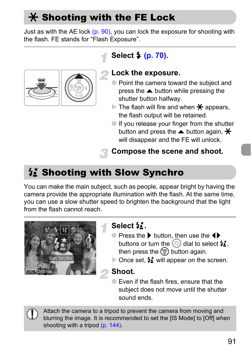 Shooting with the fe lock, Shooting with slow synchro, P. 91) | Canon SX200 LS User Manual | Page 91 / 168