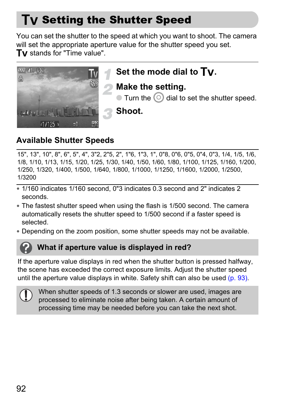 Setting the shutter speed, M setting the shutter speed, P. 92) | Set the mode dial to m . make the setting, Shoot | Canon SX200 LS User Manual | Page 92 / 168