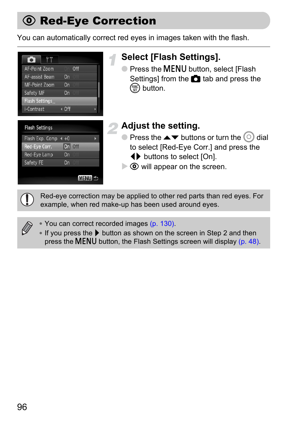 Red-eye correction, Œ red-eye correction, P. 96) | Select [flash settings, Adjust the setting | Canon SX200 LS User Manual | Page 96 / 168