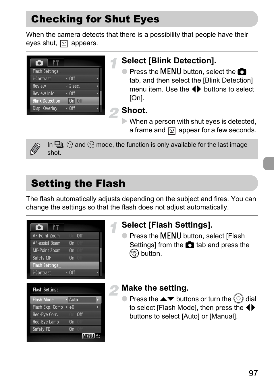 Checking for shut eyes, Setting the flash, Checking for shut eyes setting the flash | Select [blink detection, Shoot, Select [flash settings, Make the setting | Canon SX200 LS User Manual | Page 97 / 168