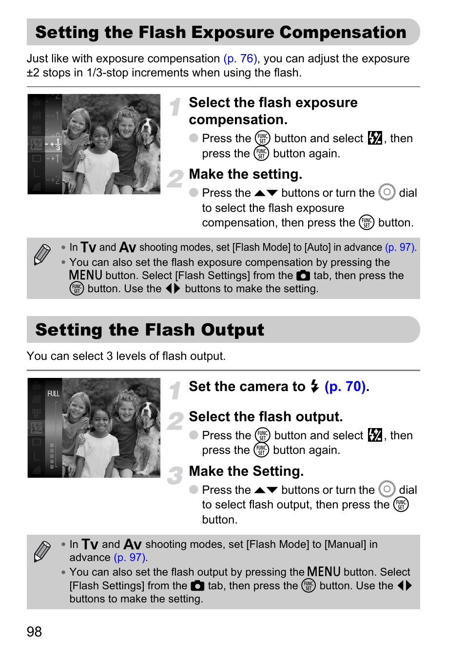 Setting the flash exposure compensation, Setting the flash output, Setting the flash exposure | Compensation, P. 98), Select the flash exposure compensation, Make the setting | Canon SX200 LS User Manual | Page 98 / 168