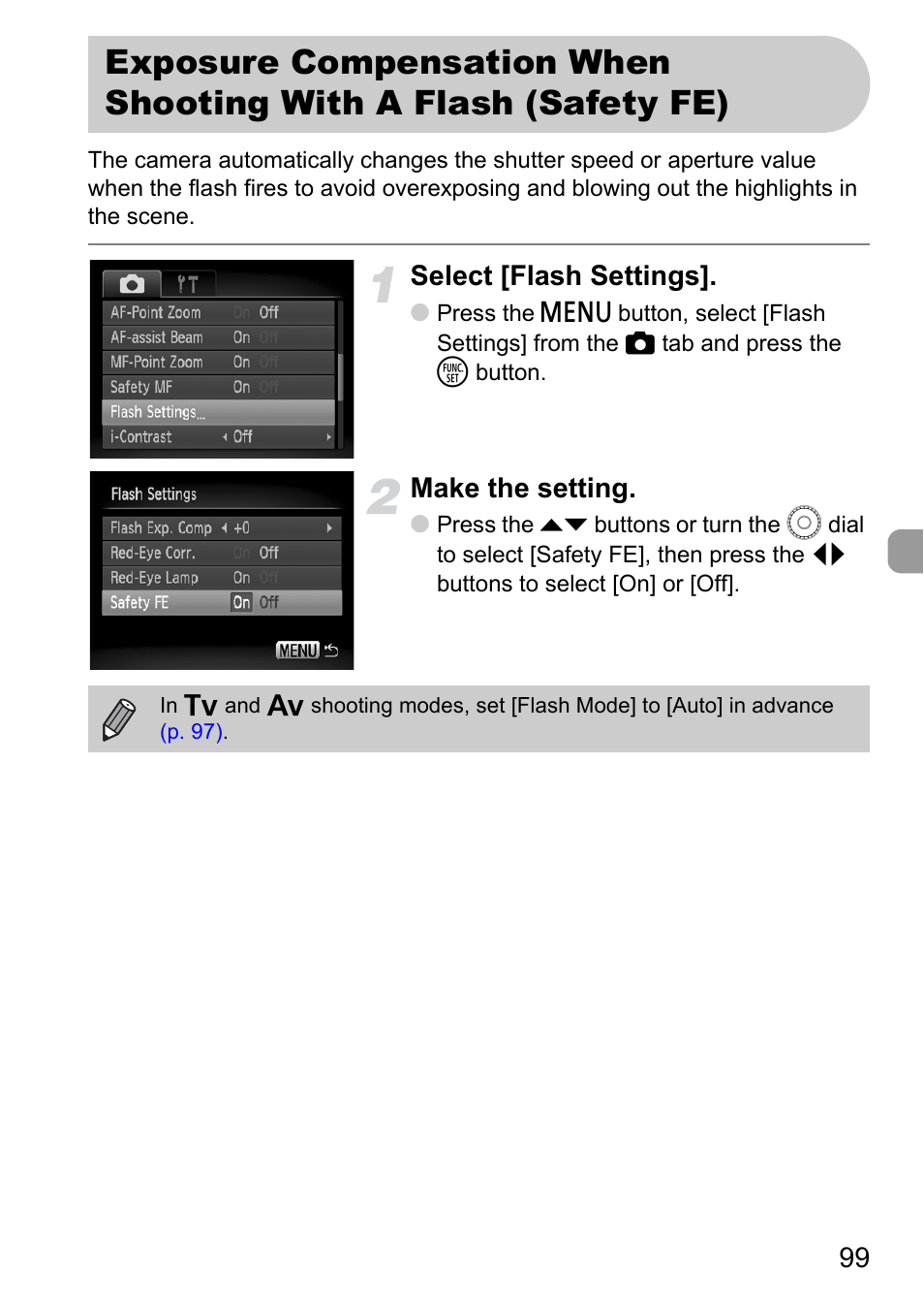 Exposure compensation, When shooting with a flash (safety fe), P. 99) | Select [flash settings, Make the setting | Canon SX200 LS User Manual | Page 99 / 168