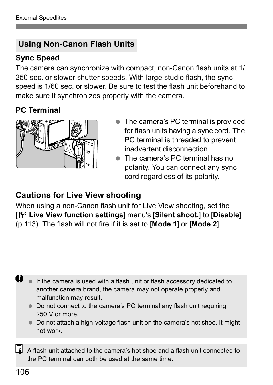 Cautions for live view shooting, Using non-canon flash units | Canon 40D User Manual | Page 106 / 196