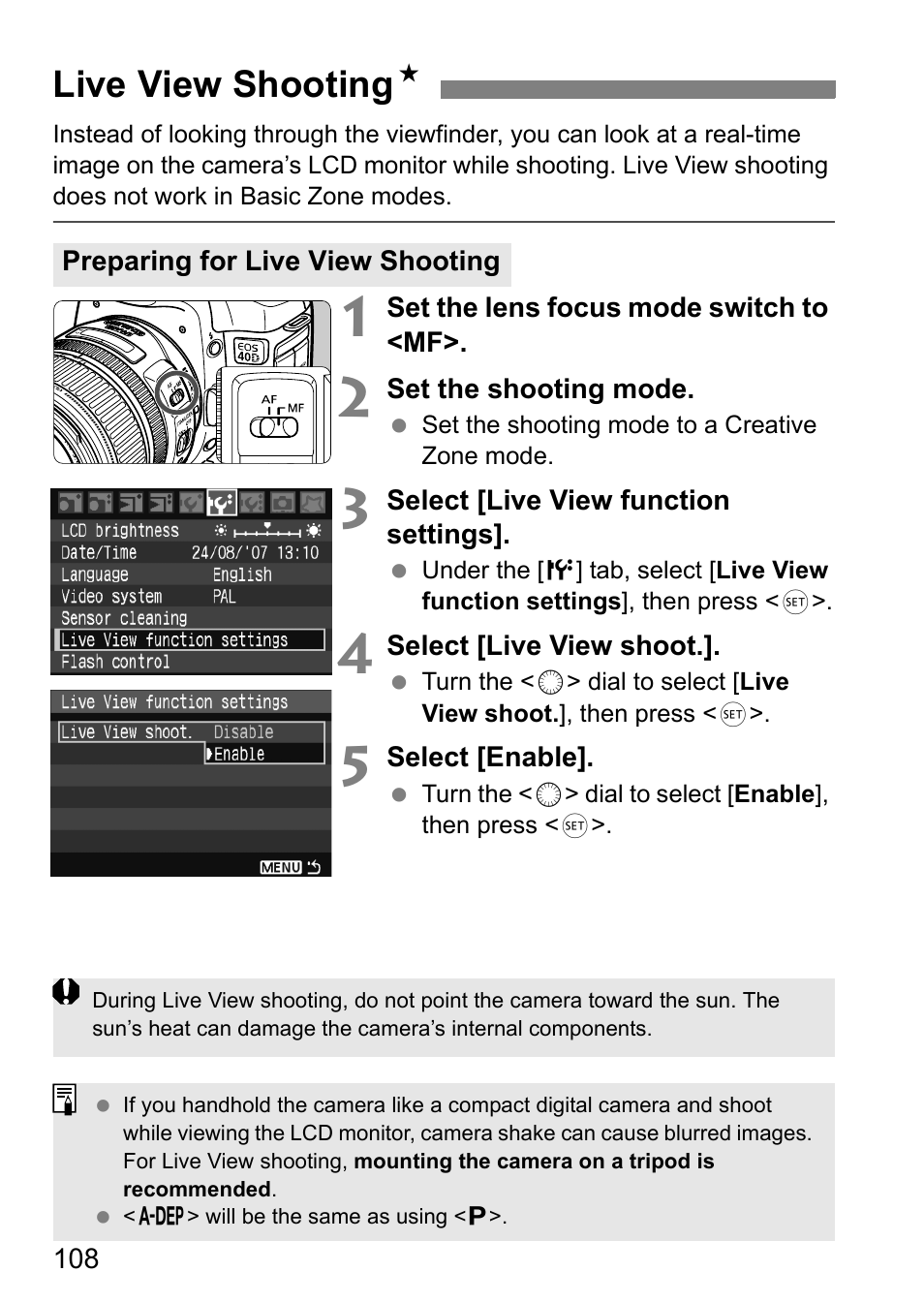 Live view shooting n | Canon 40D User Manual | Page 108 / 196