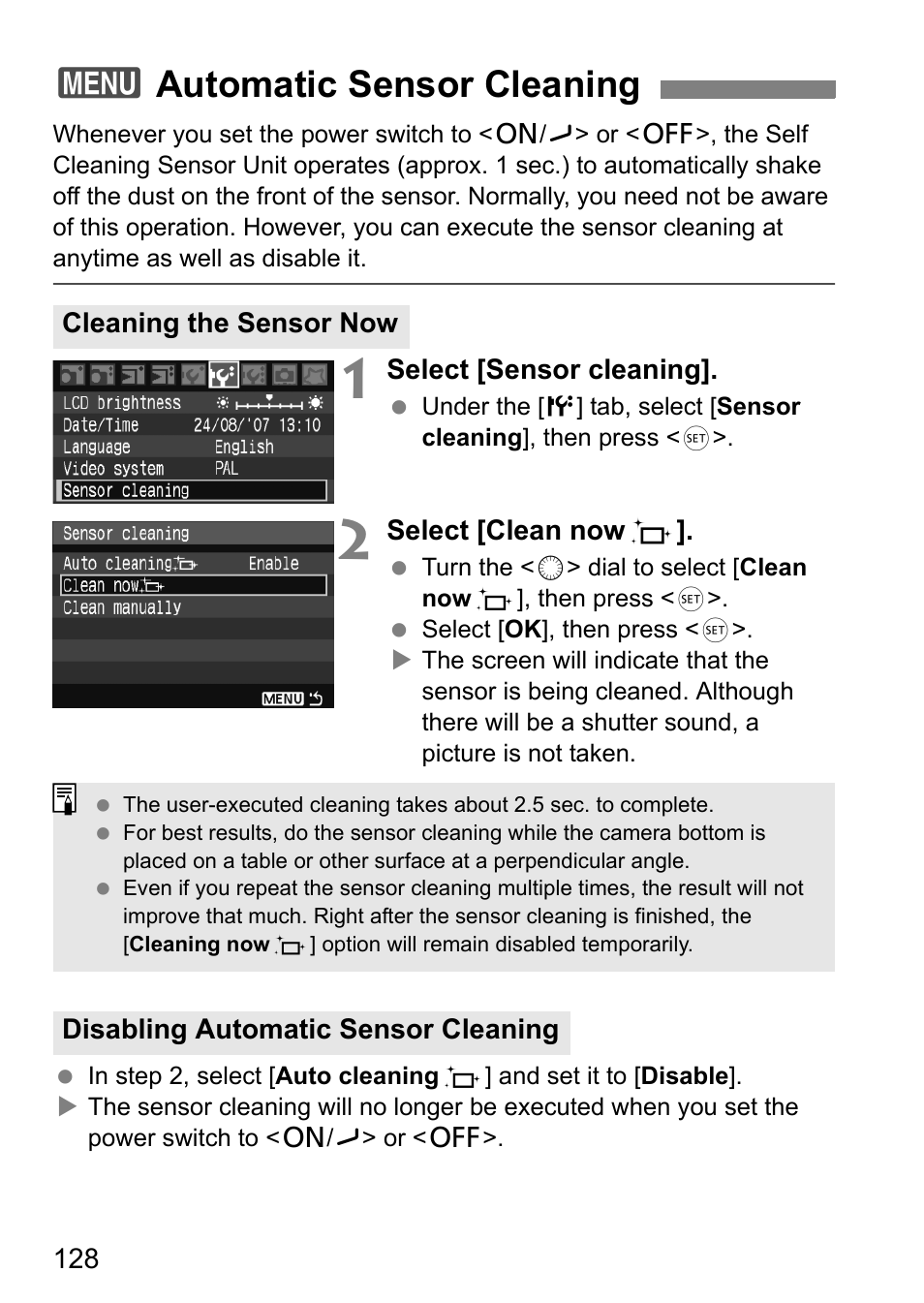 3automatic sensor cleaning | Canon 40D User Manual | Page 128 / 196
