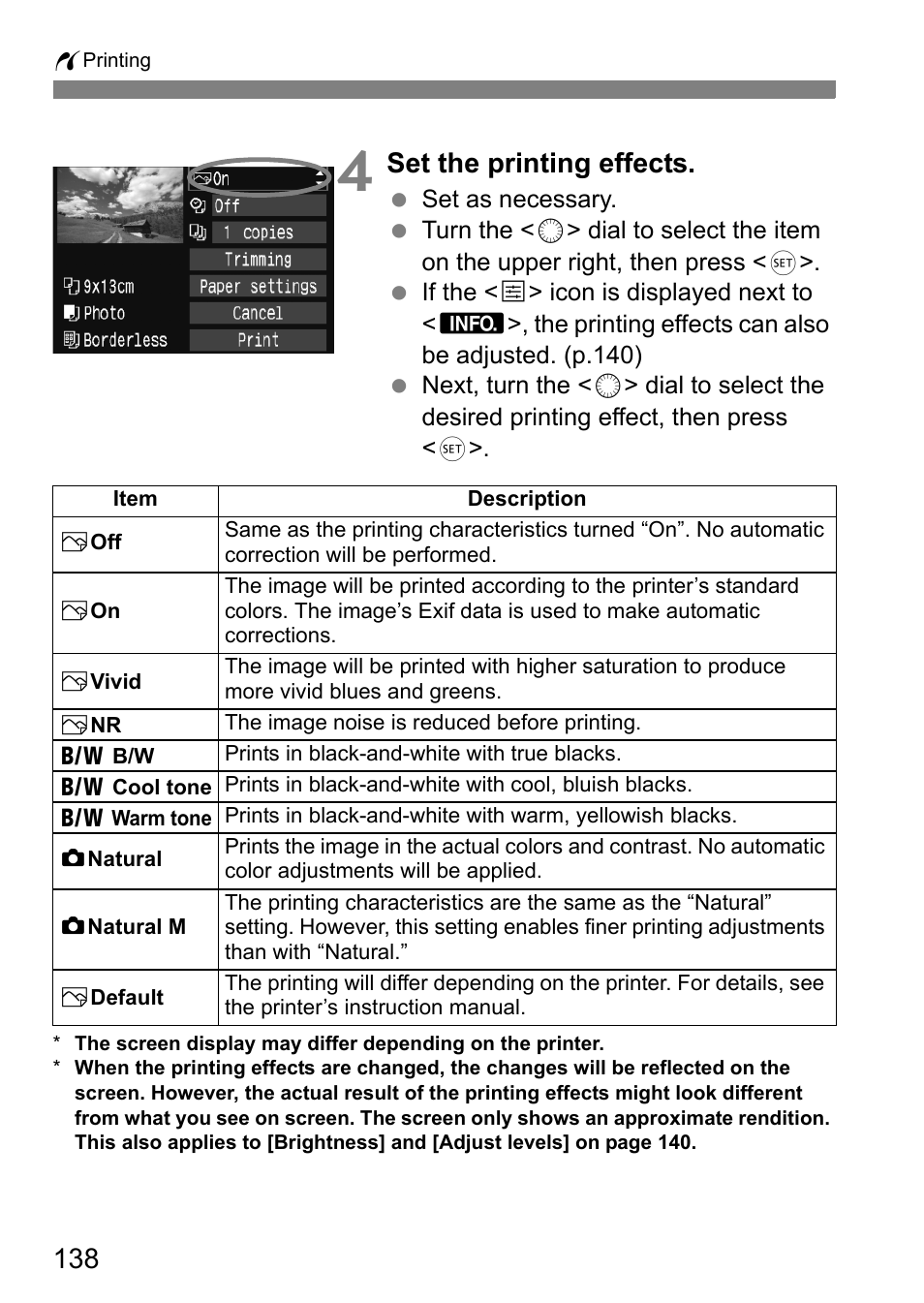 Set the printing effects | Canon 40D User Manual | Page 138 / 196