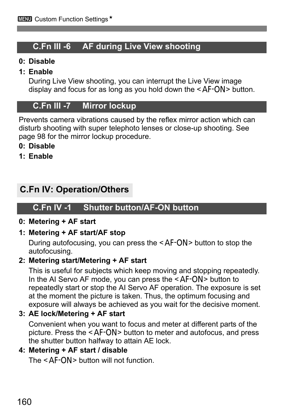C.fn iv: operation/others | Canon 40D User Manual | Page 160 / 196