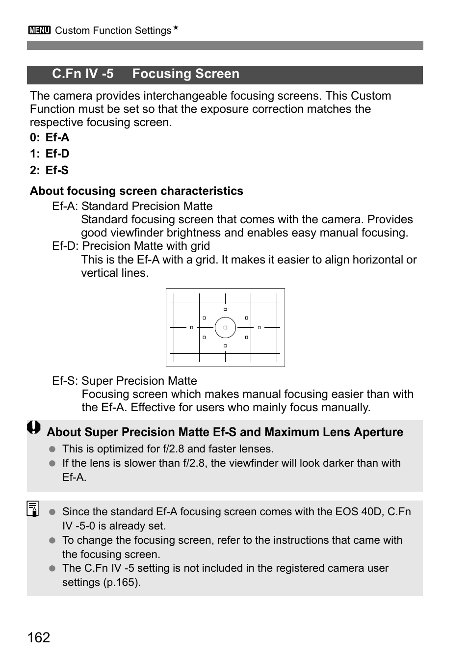 C.fn iv -5 focusing screen | Canon 40D User Manual | Page 162 / 196