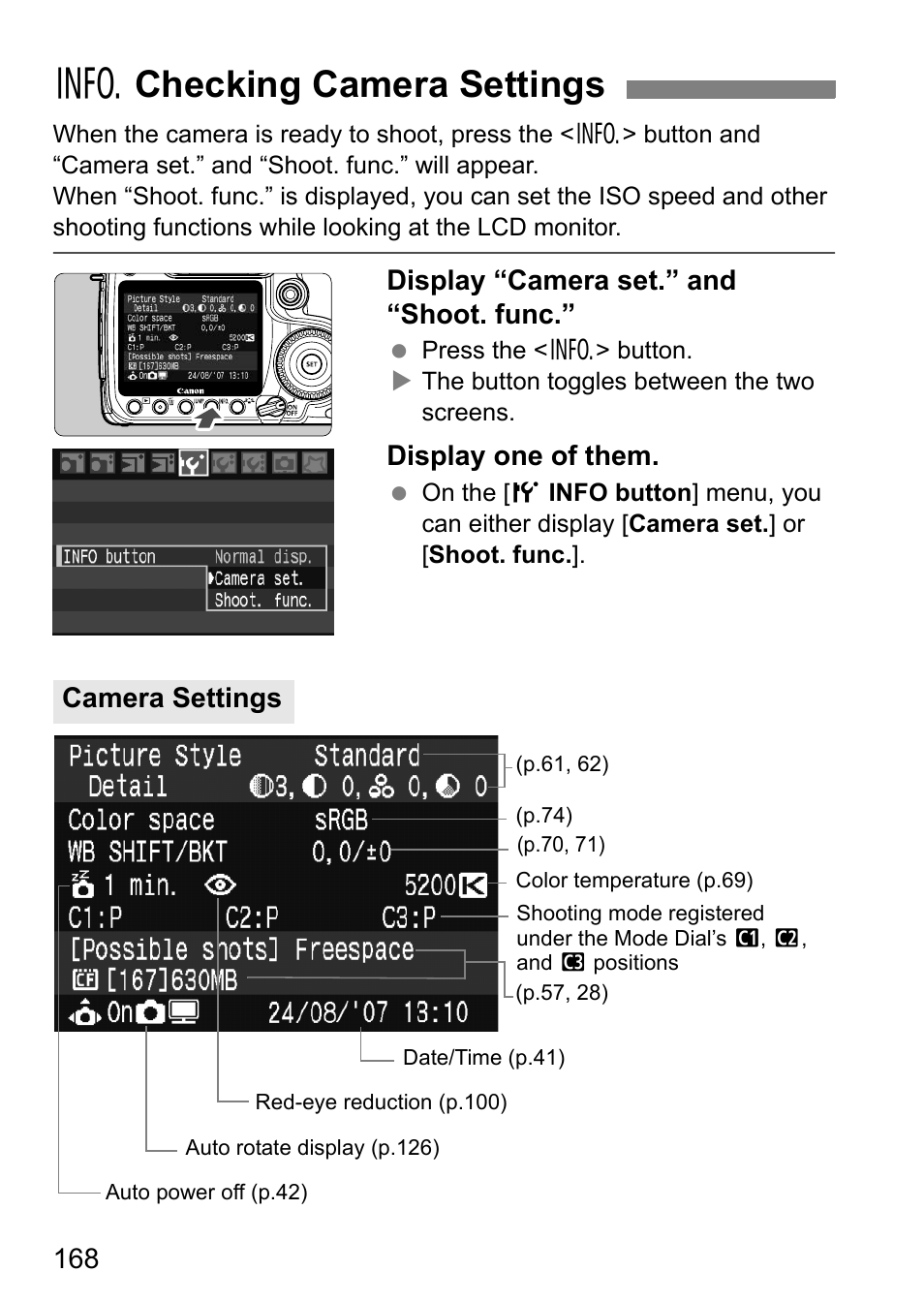 Bchecking camera settings, Display “camera set.” and “shoot. func, Display one of them | Camera settings | Canon 40D User Manual | Page 168 / 196