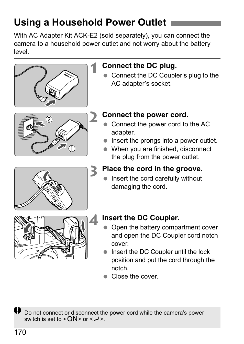 Using a household power outlet | Canon 40D User Manual | Page 170 / 196