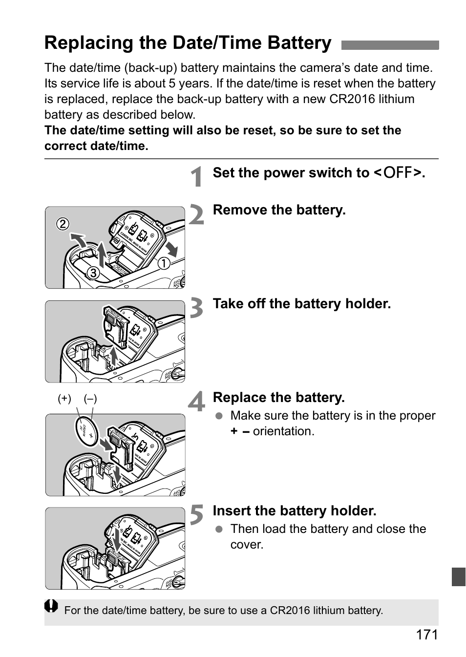 Replacing the date/time battery | Canon 40D User Manual | Page 171 / 196