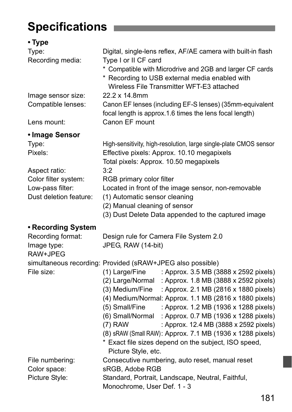 Specifications | Canon 40D User Manual | Page 181 / 196