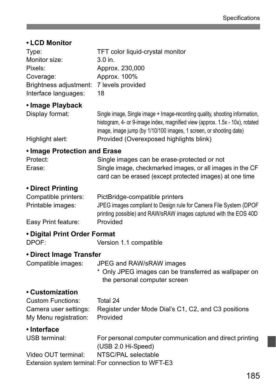 Canon 40D User Manual | Page 185 / 196