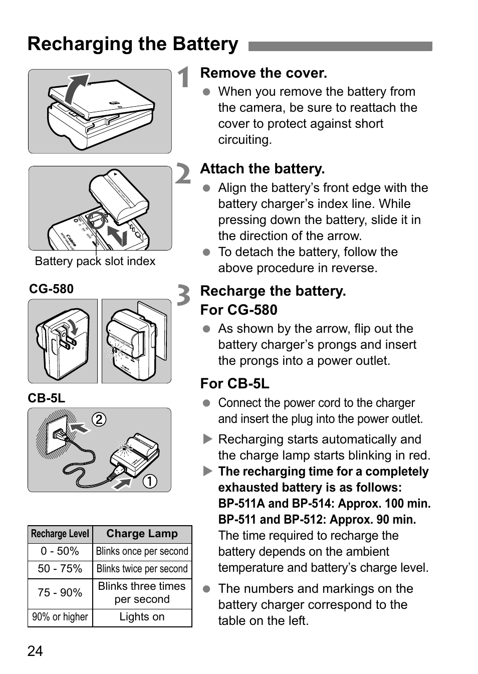 Recharging the battery | Canon 40D User Manual | Page 24 / 196