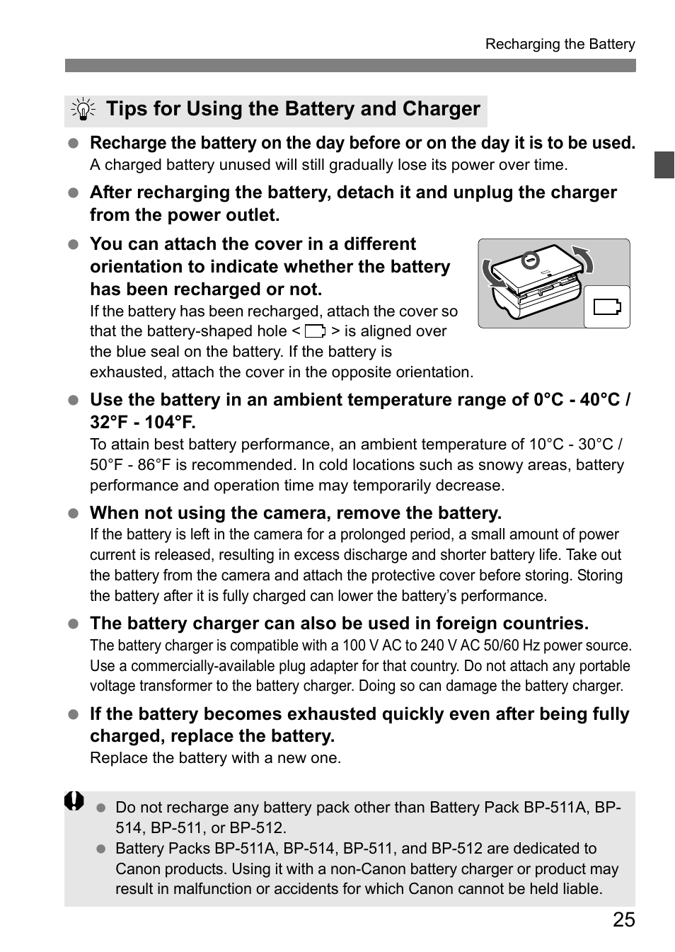 Tips for using the battery and charger | Canon 40D User Manual | Page 25 / 196