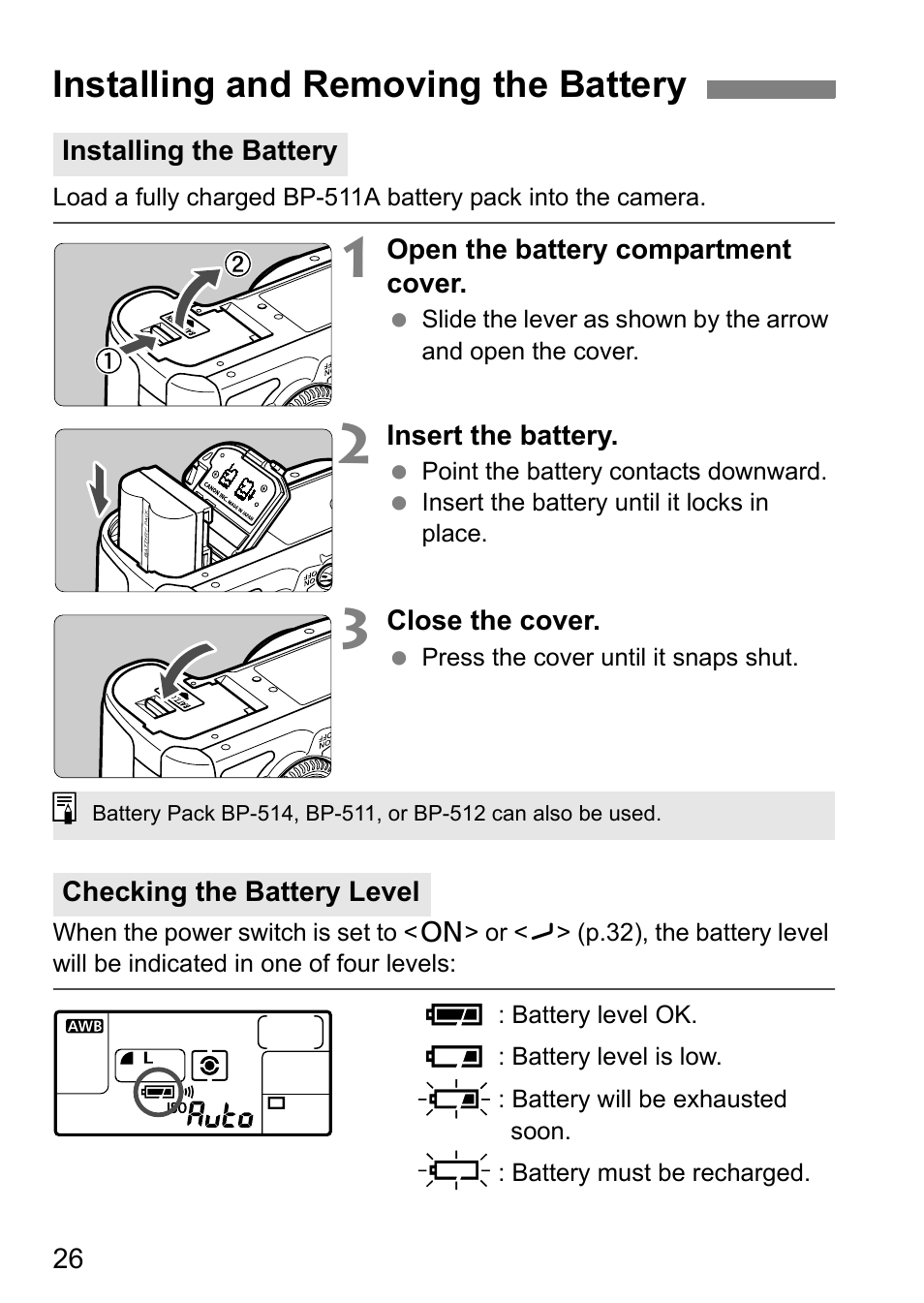 Installing and removing the battery | Canon 40D User Manual | Page 26 / 196