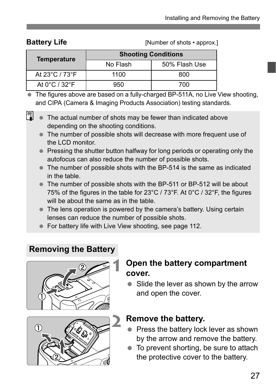 Open the battery compartment cover, Remove the battery, Removing the battery | Canon 40D User Manual | Page 27 / 196