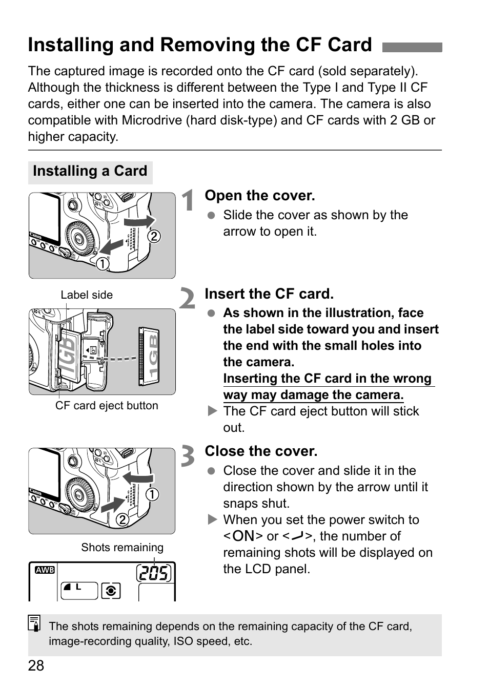 Installing and removing the cf card | Canon 40D User Manual | Page 28 / 196