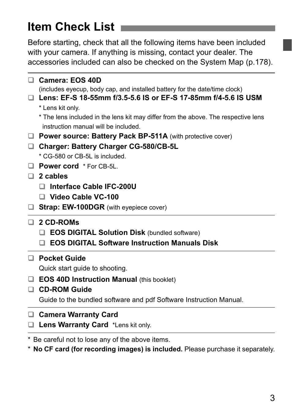 Item check list | Canon 40D User Manual | Page 3 / 196