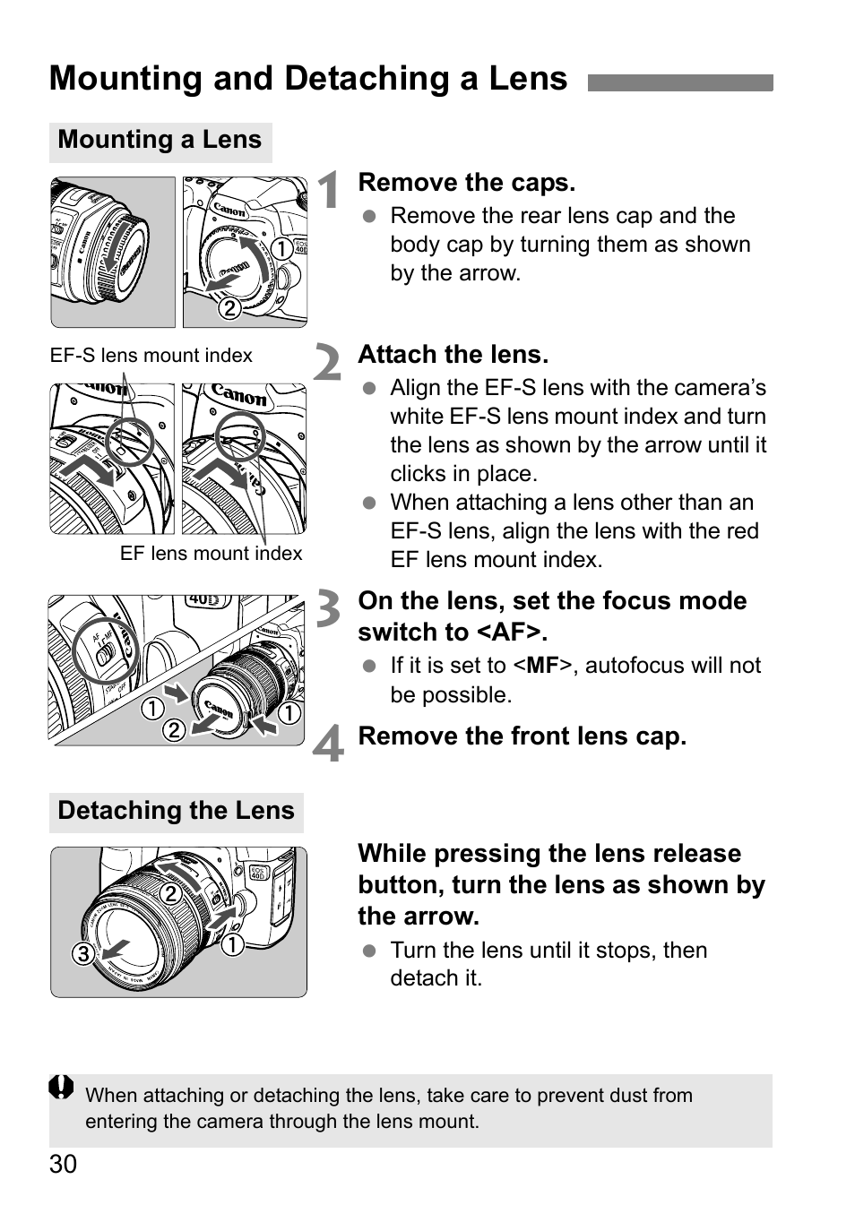 Mounting and detaching a lens | Canon 40D User Manual | Page 30 / 196