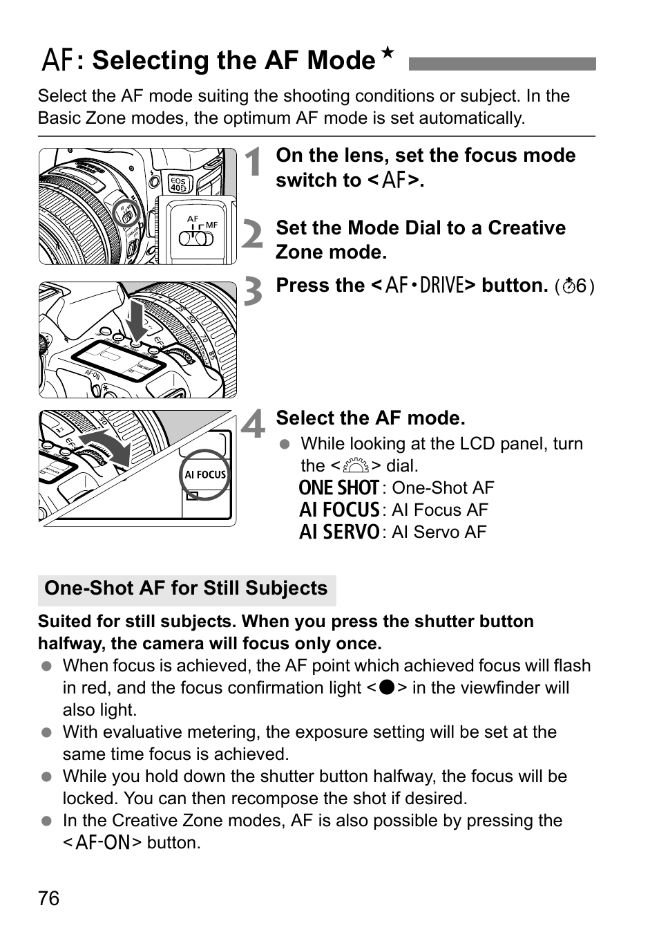 F: selecting the af mode n | Canon 40D User Manual | Page 76 / 196